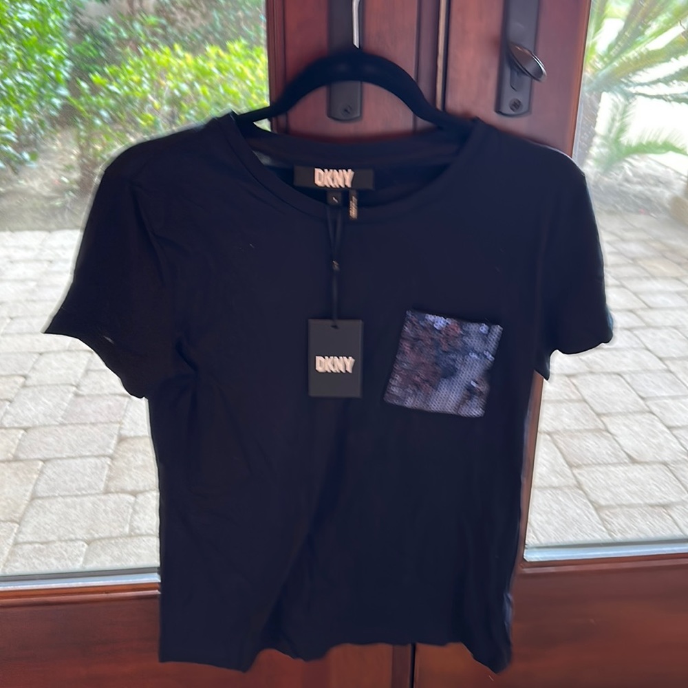 NWT DKNY black tshirt sequins pocket
